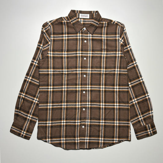 Front image of brown/tan woven flannel with double chest pockets and white buttons.