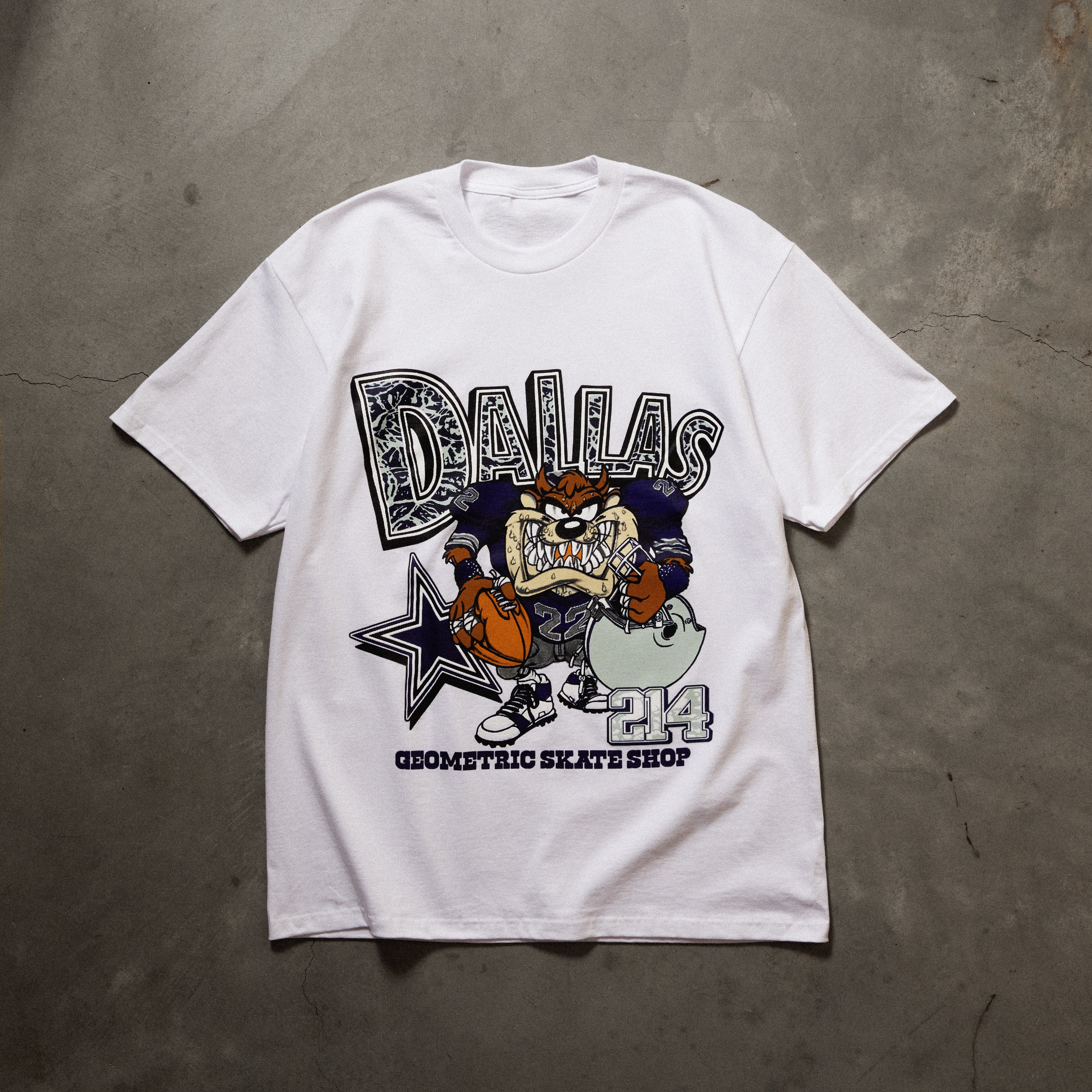 Full front image of white tee with dallas 14 printed art on chest