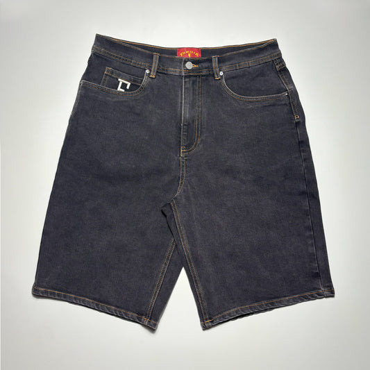 Full image of black rinse cotton denim shorts. Gold contrast stitch and custom woven label.