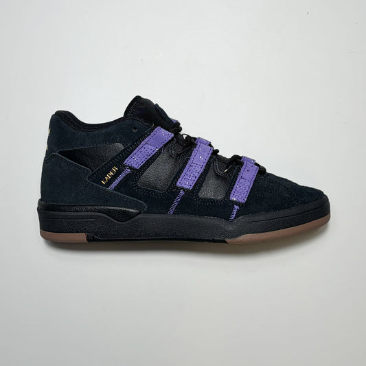 Right side image of Adidas Skateboarding Kader Pro model shoes. Black with purple stripes on white background.
