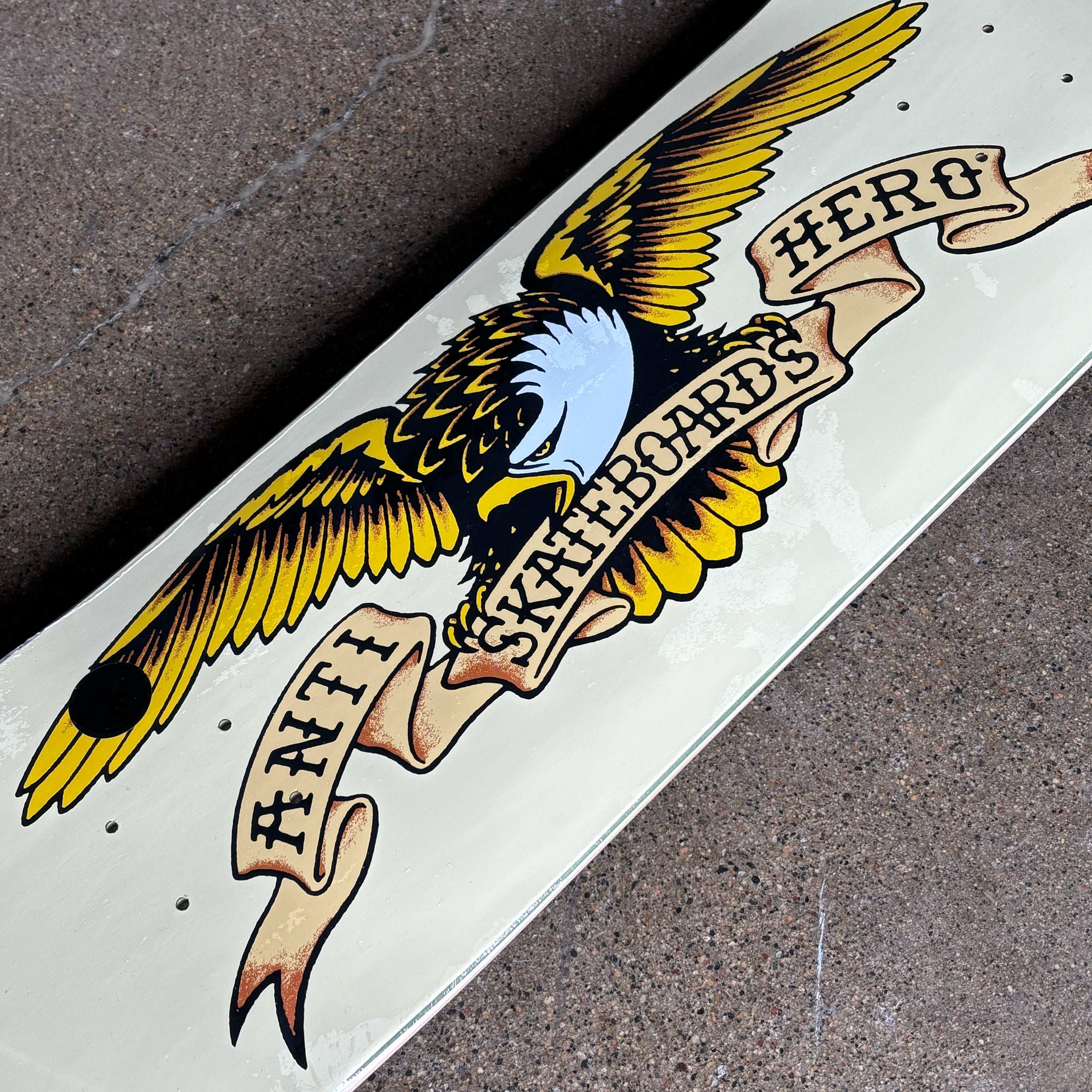 Close detail of eagle art with antihero banner.
