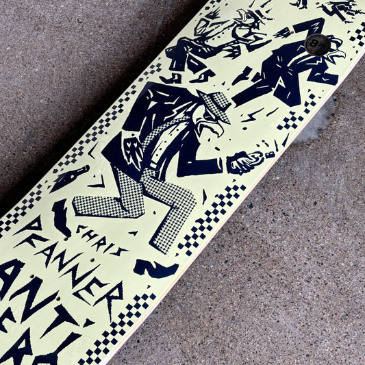 Skateboard deck with black graphics and text on a light background