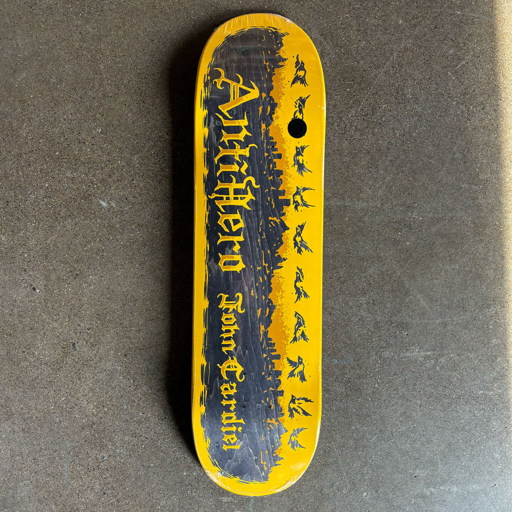 Full image of yellow deck with wood veneer exposed.