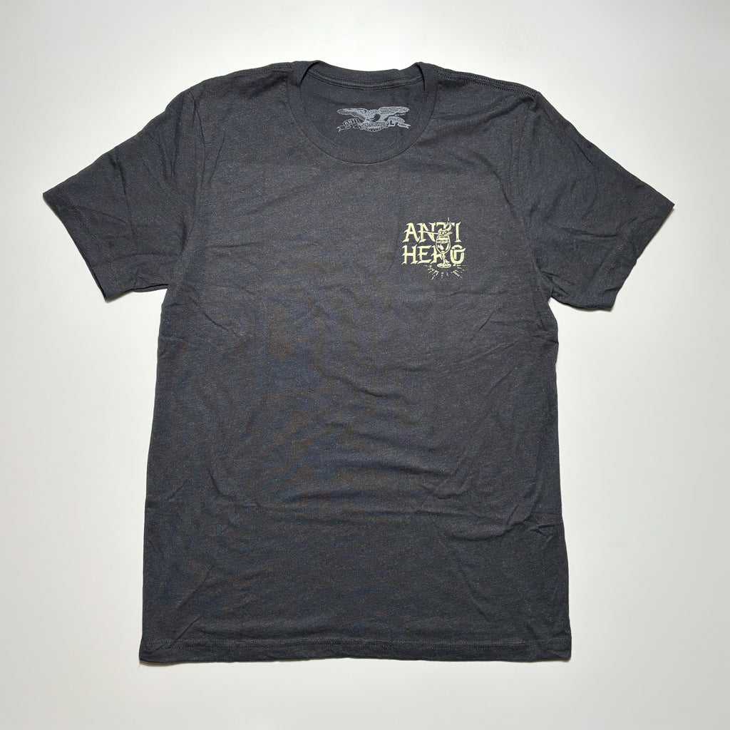 Front image of heather black tee with art printed on chest.