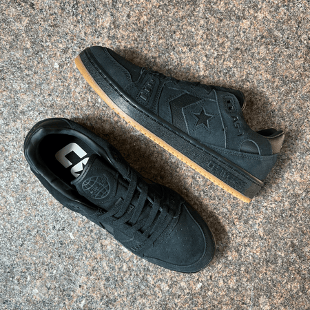 CONVERSE CONS AS-1 SHOES IN BLACK SUEDE WITH A BLACK AND GUM SOLE DISPLAYED ON GRANITE