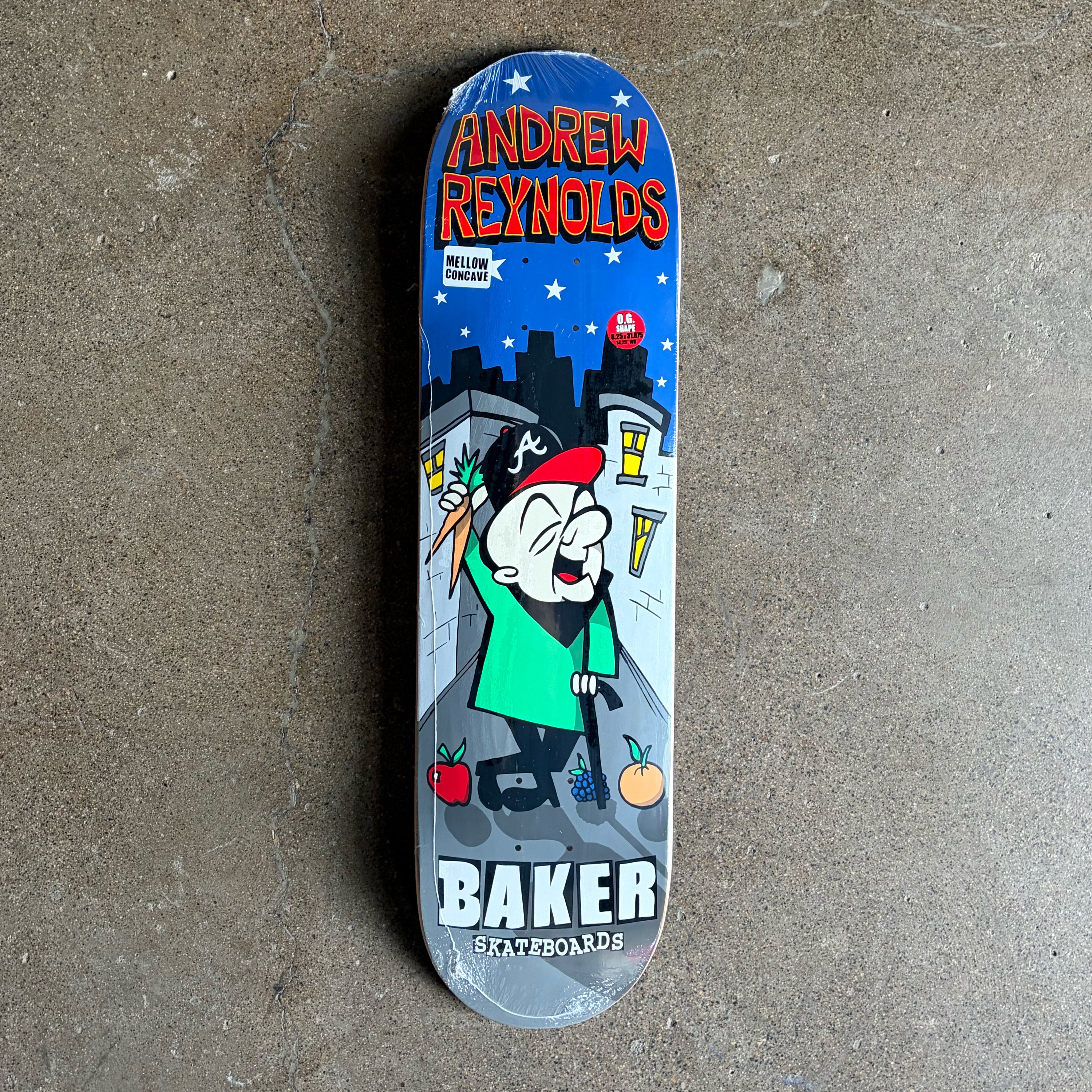 Full image of deck, Mr Magoo cartoon inspired art on skateboard.
