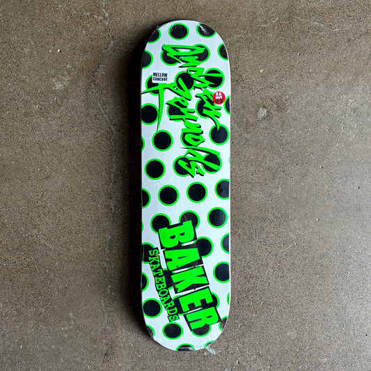 Full image of skateboard deck with Black/green dots with baker text in green.