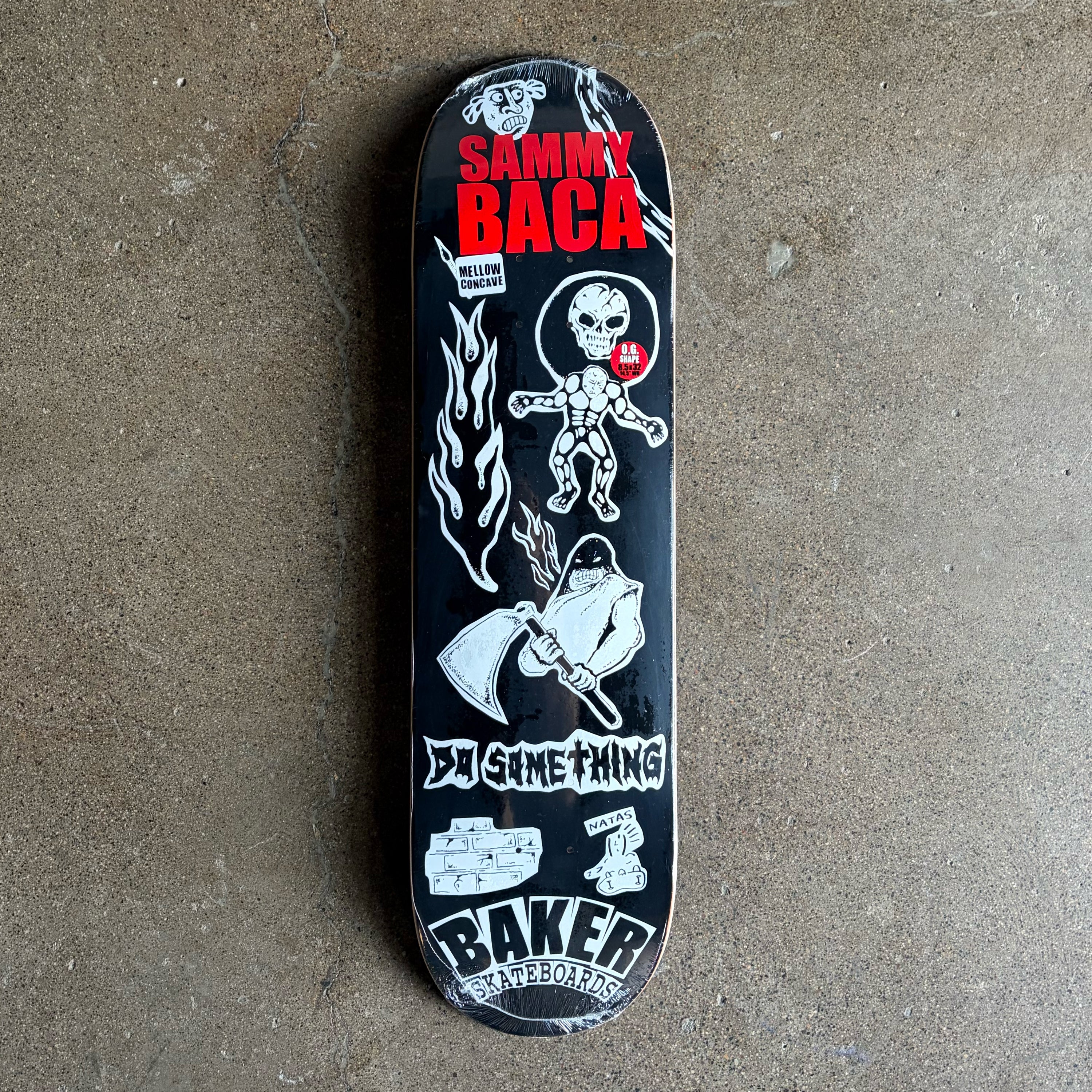 Full image of deck, cartoon art on black background with red text.