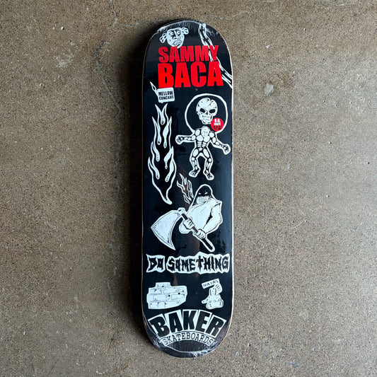 Full image of deck, cartoon art on black background with red text.