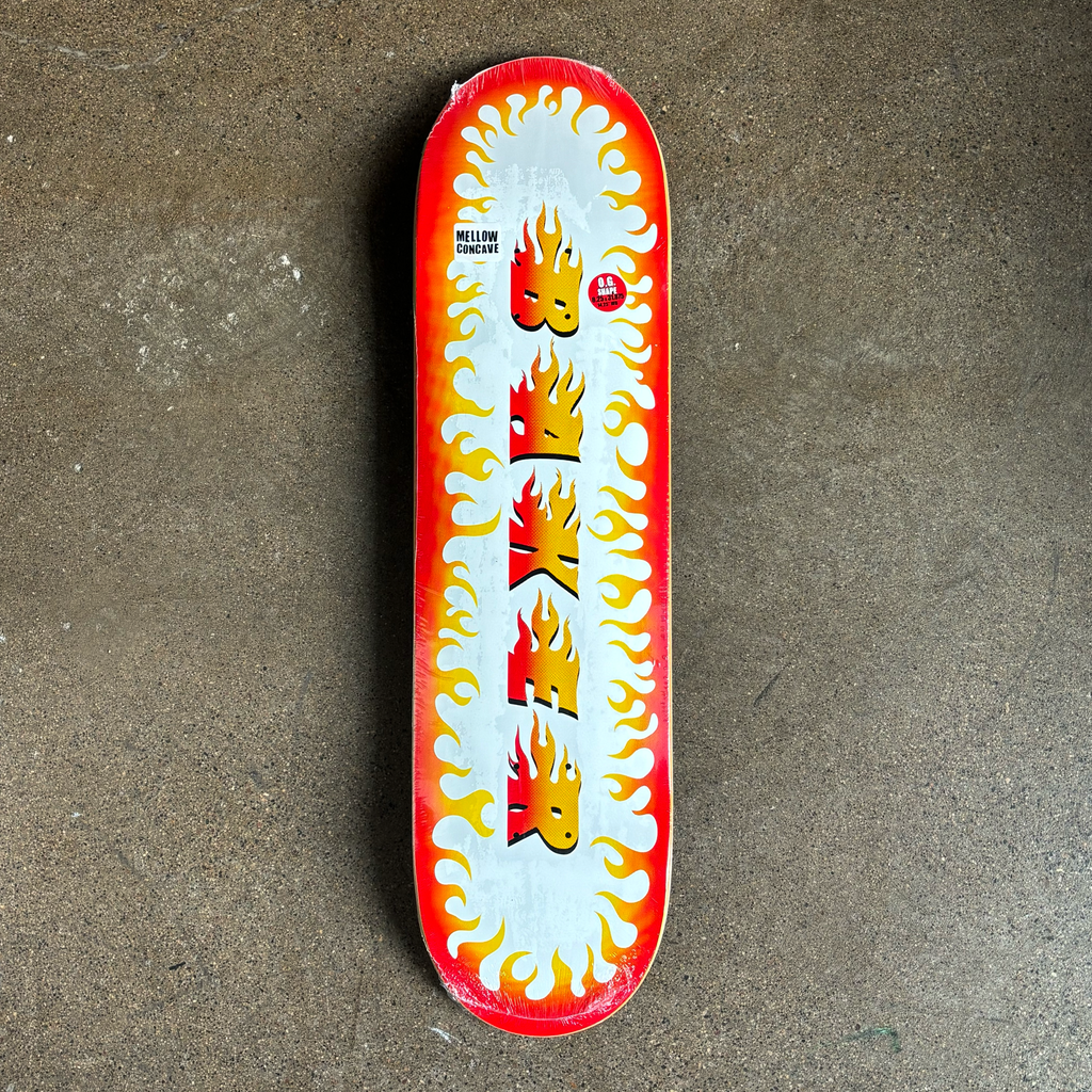 Full image of deck. Red/yellow flame background baker in flame font.