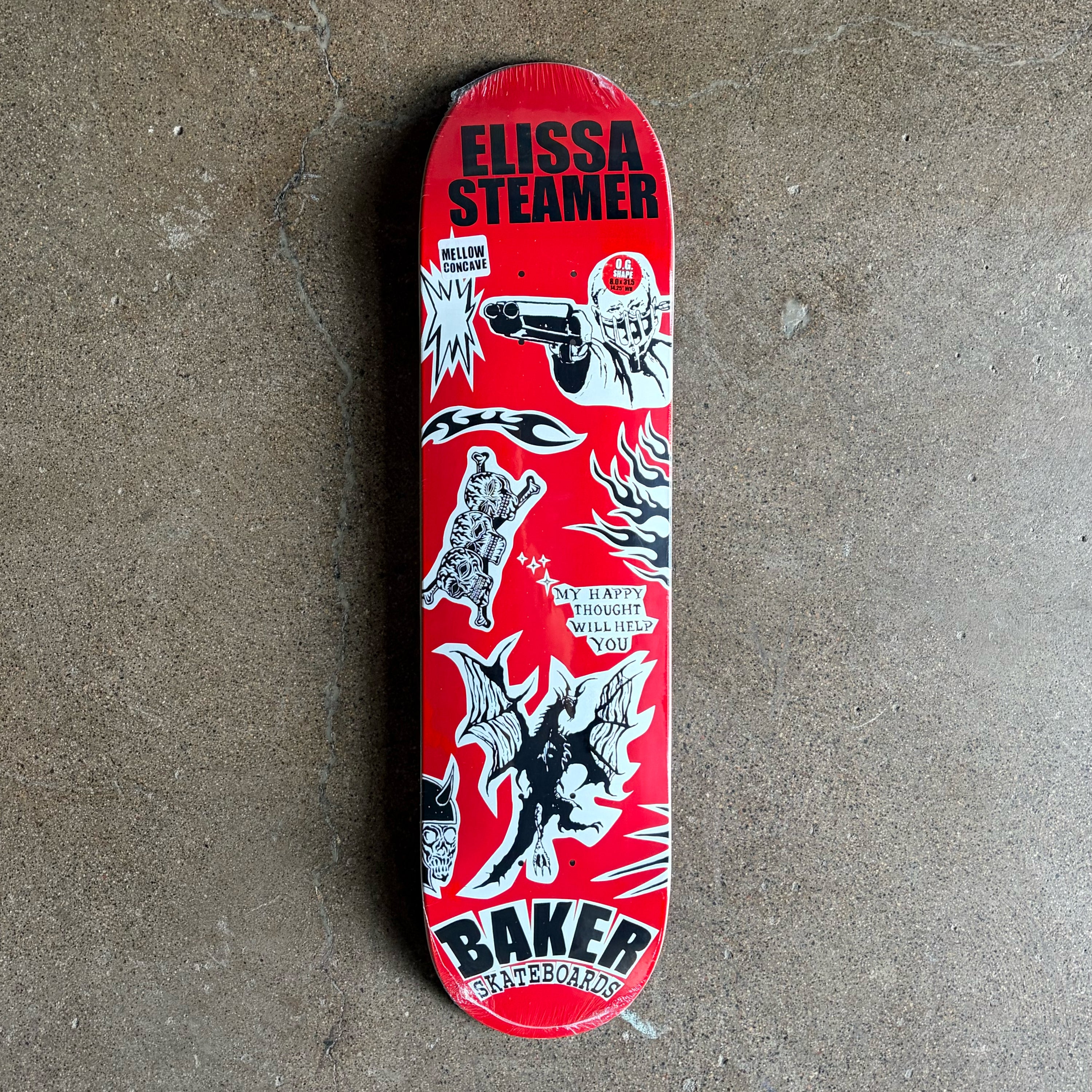 Full image of deck, red background with cartoon art and text in black.
