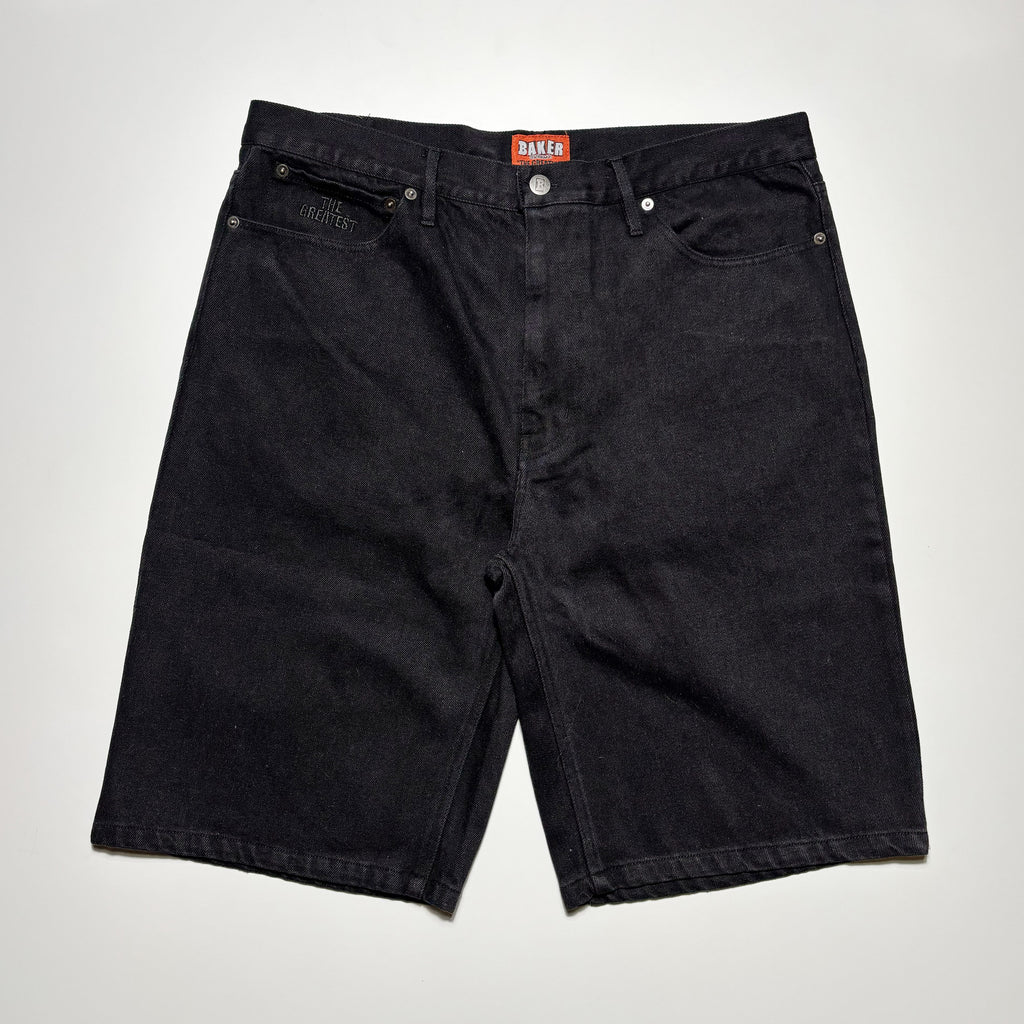 Front image of black denim denim shorts.