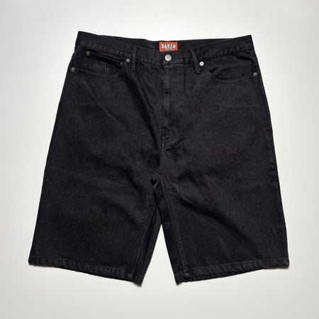 Front image of black denim denim shorts.
