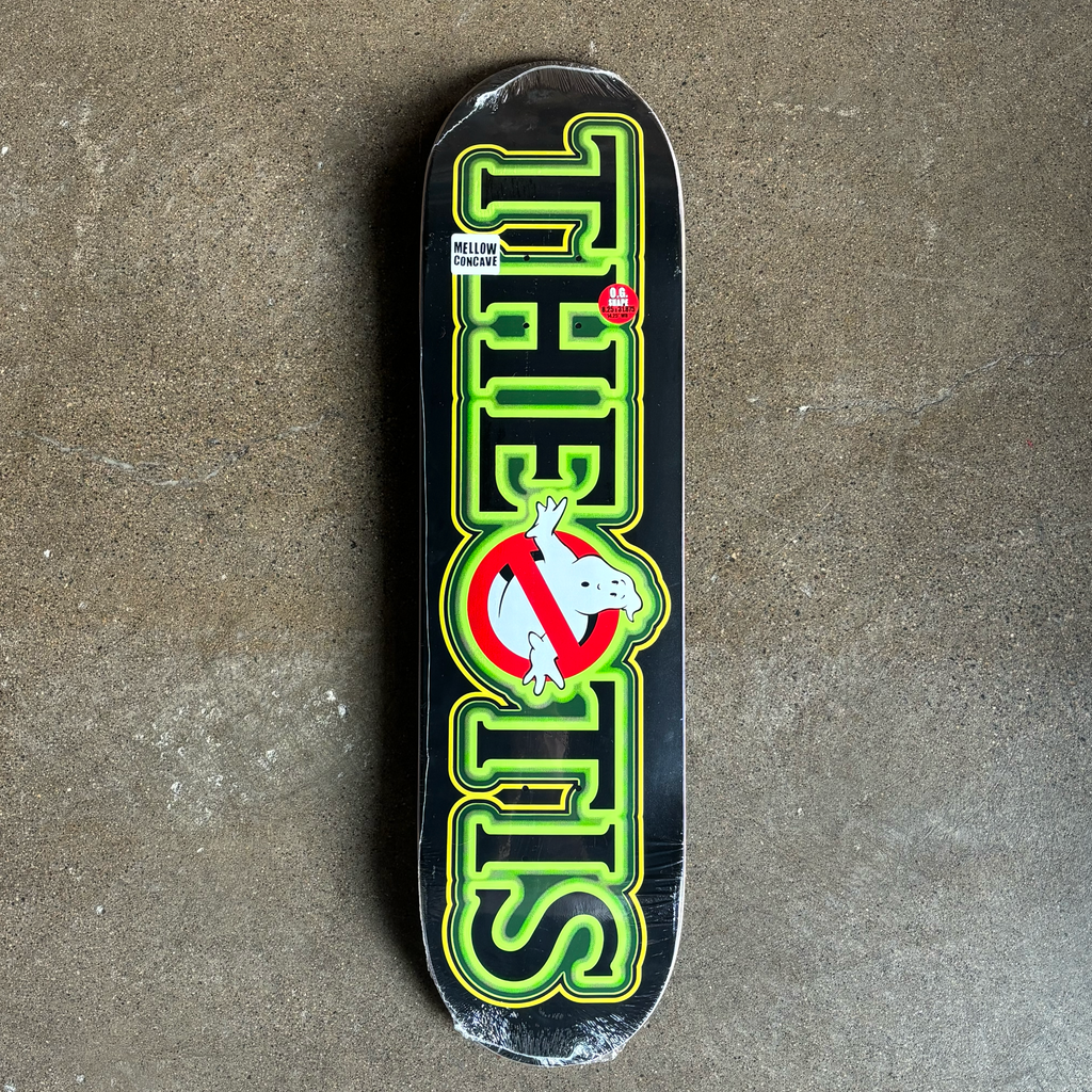 Full image of deck. Theotis spelling one-off in ghostbusters font.