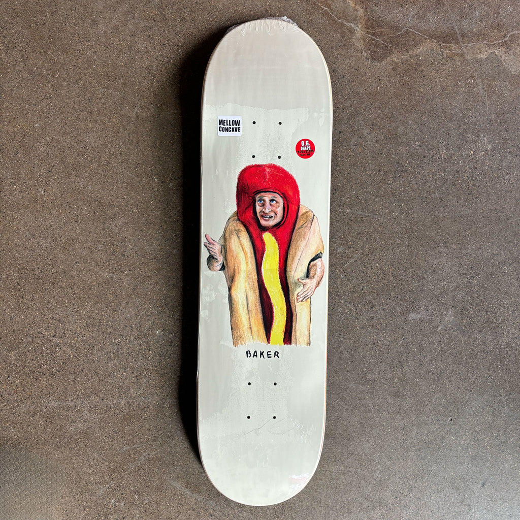 Full image of deck. Cartoon drawing of tim in a hotdog costume.