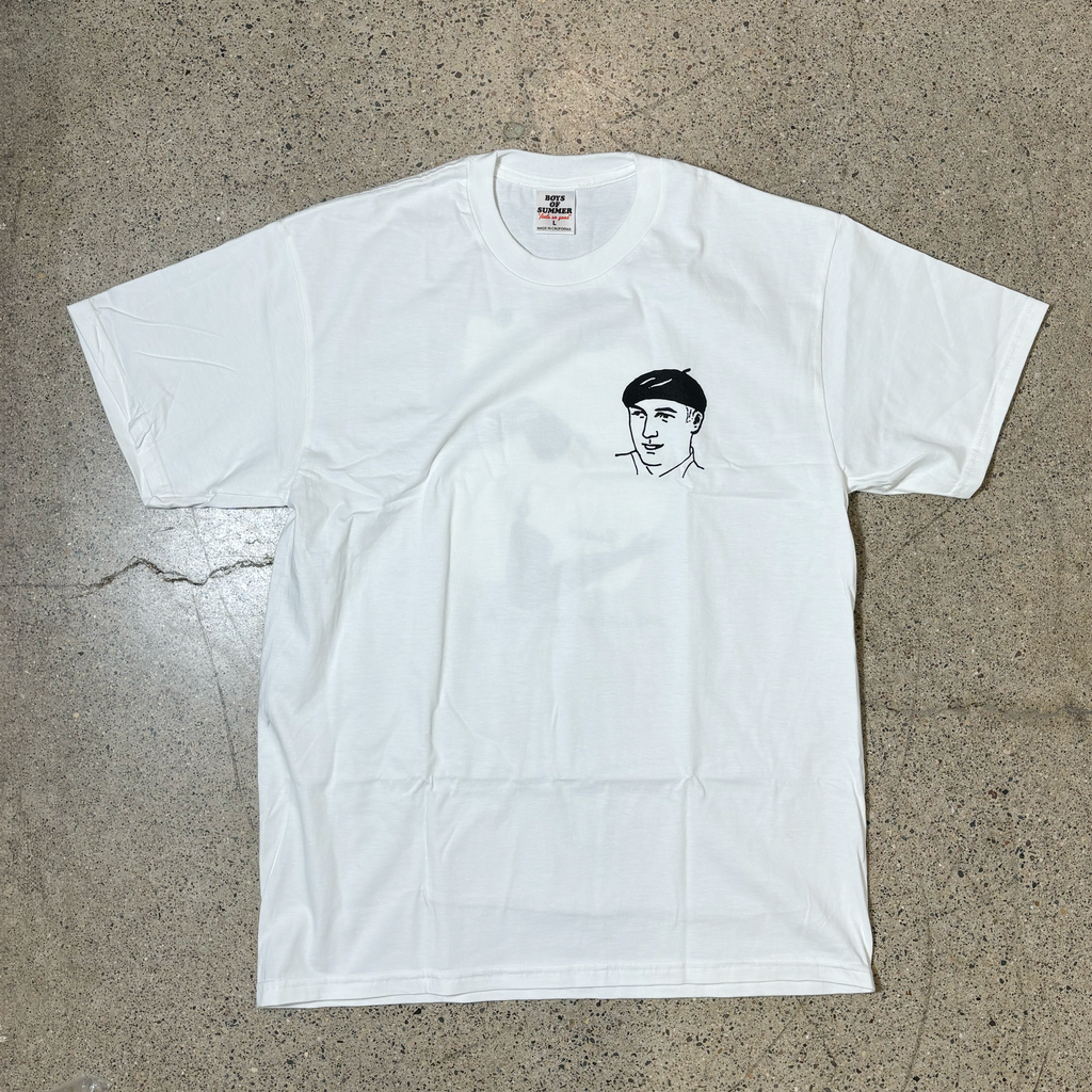 Front image of white tee with black printed art on chest.