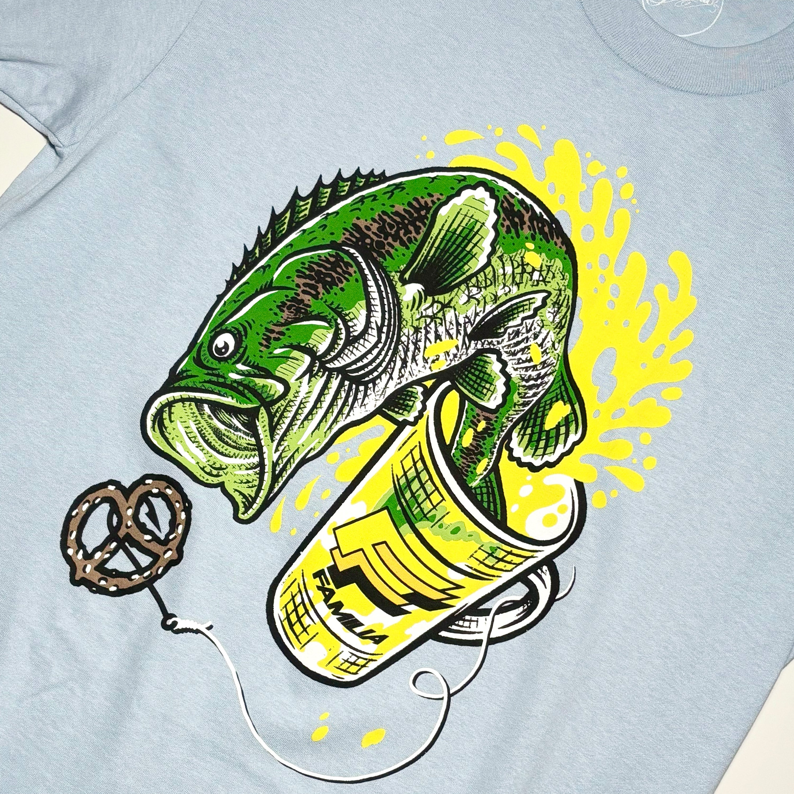 Close detail of fish art printed on chest.