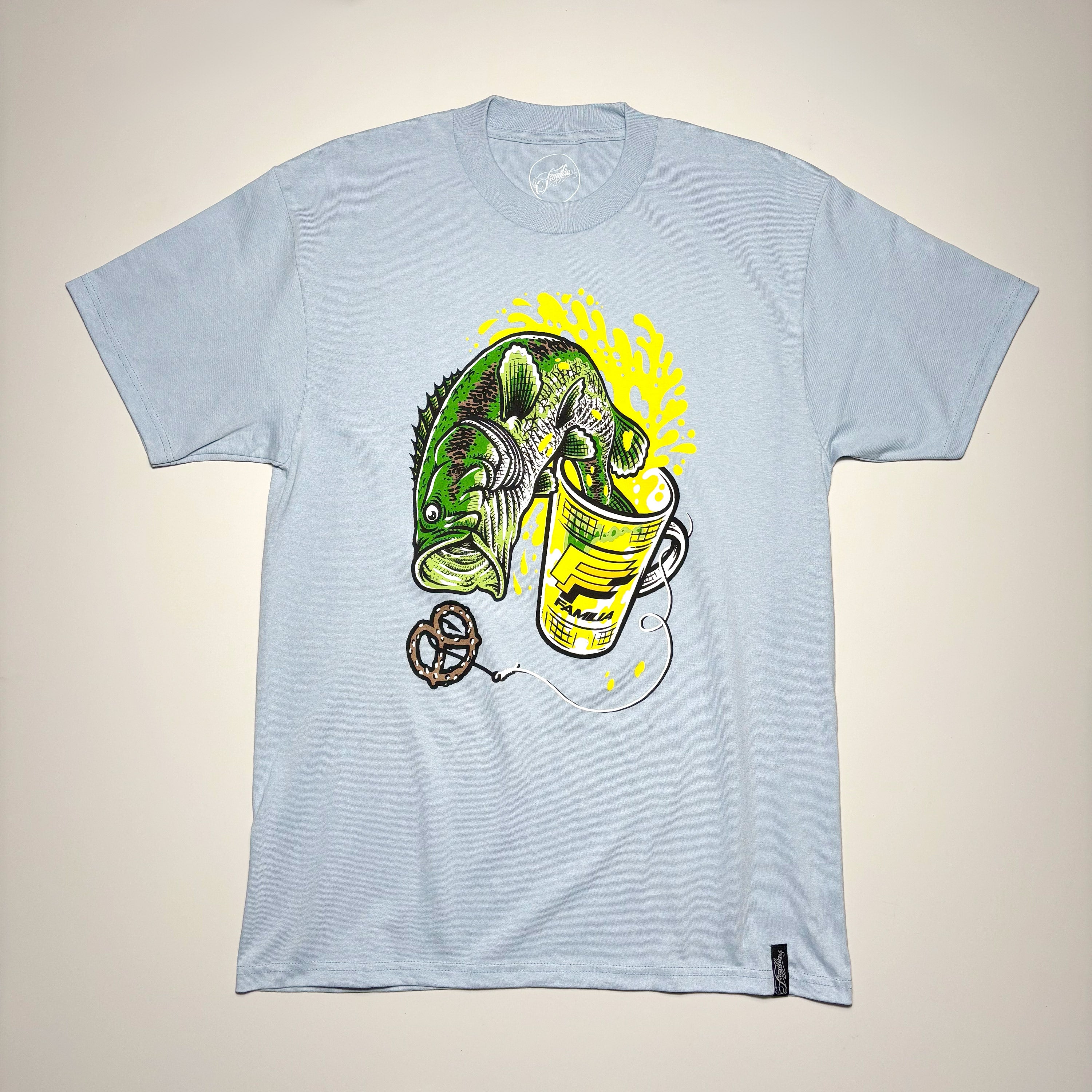 Front image of blue tee with art printed on front.