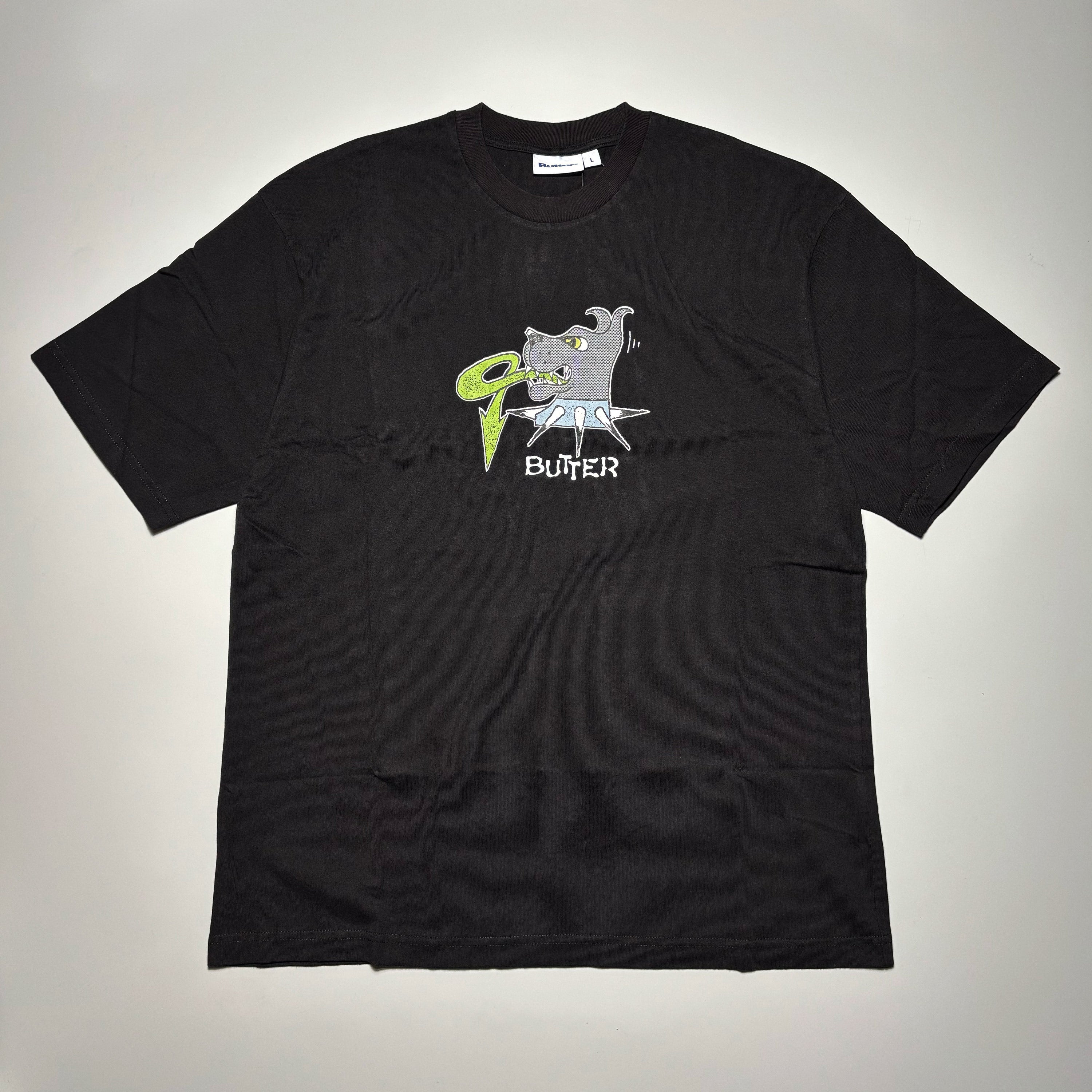 Front image of black tee shirt with art printed on chest.