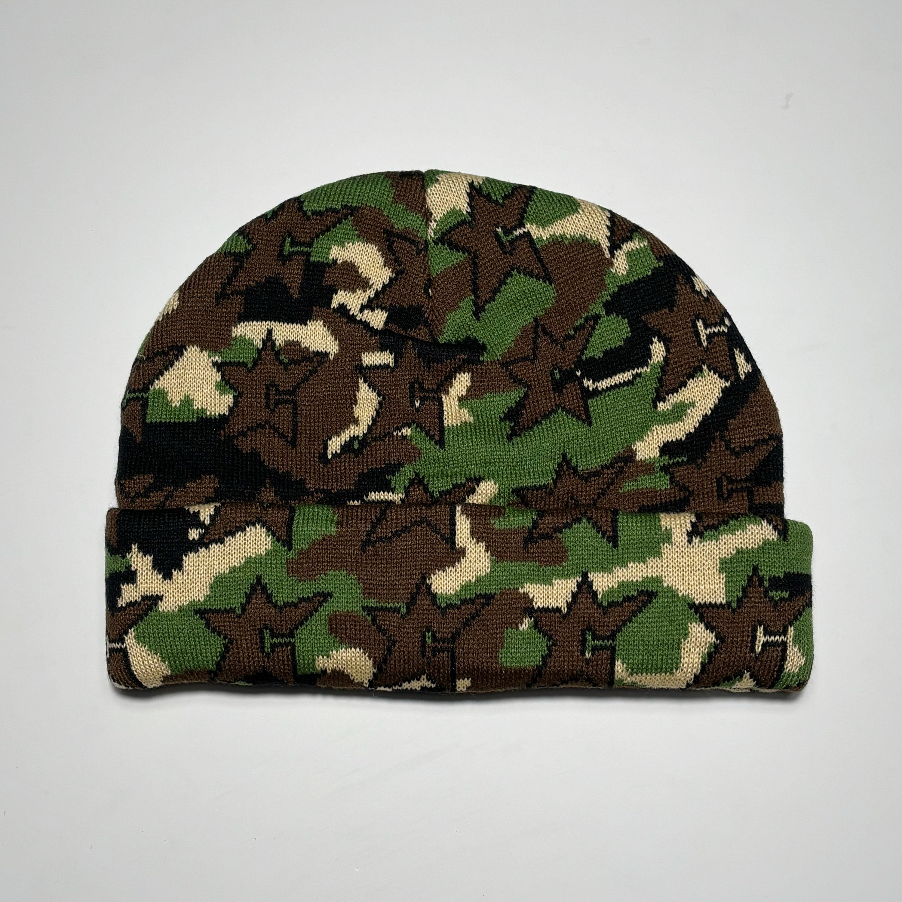 Camouflage-patterned beanie on a white background