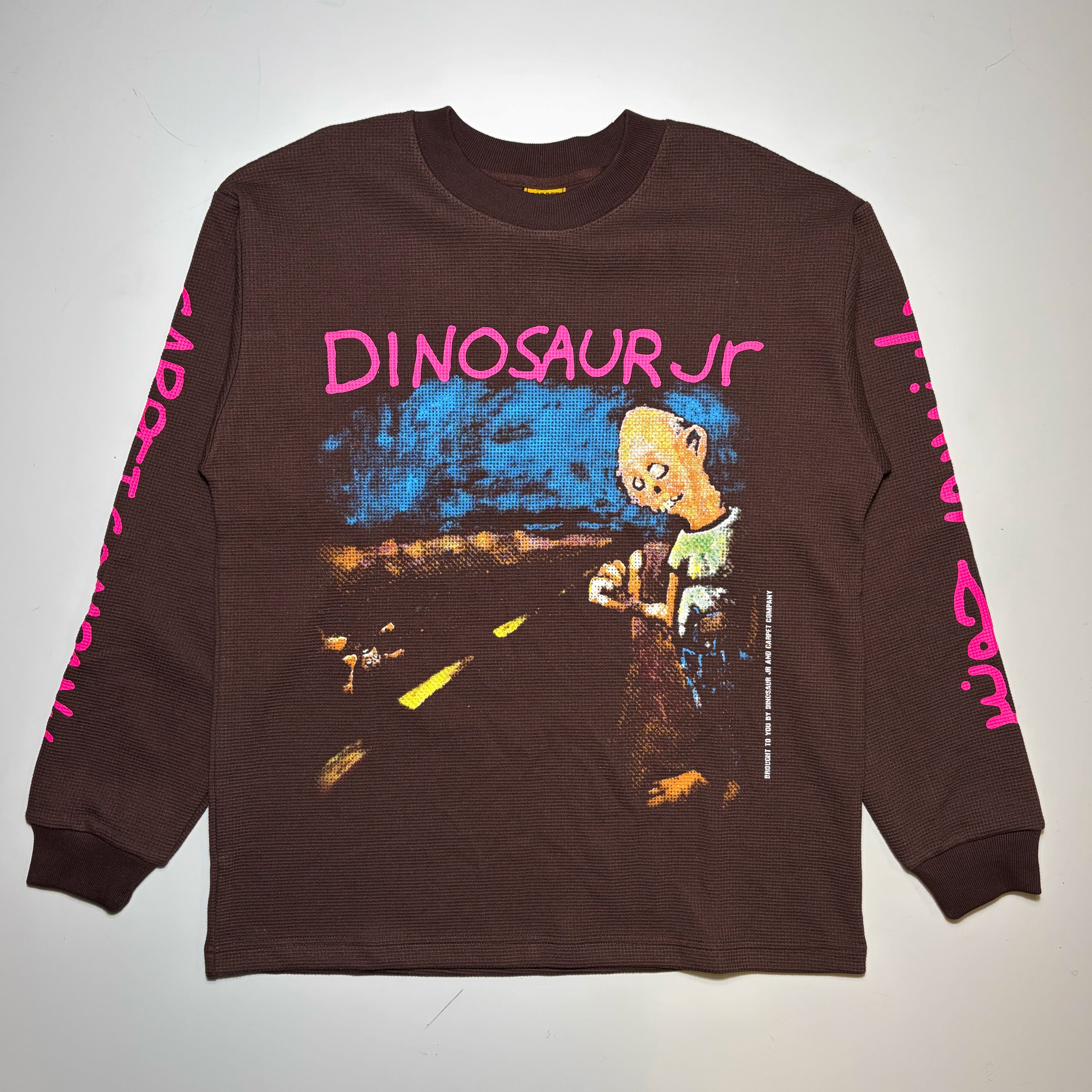 A dark brown long-sleeve graphic t-shirt featuring a cartoon dinosaur character and the text 'DINOSAUR JR' in pink on the front, with pink text down both sleeves, laid flat against a light background.