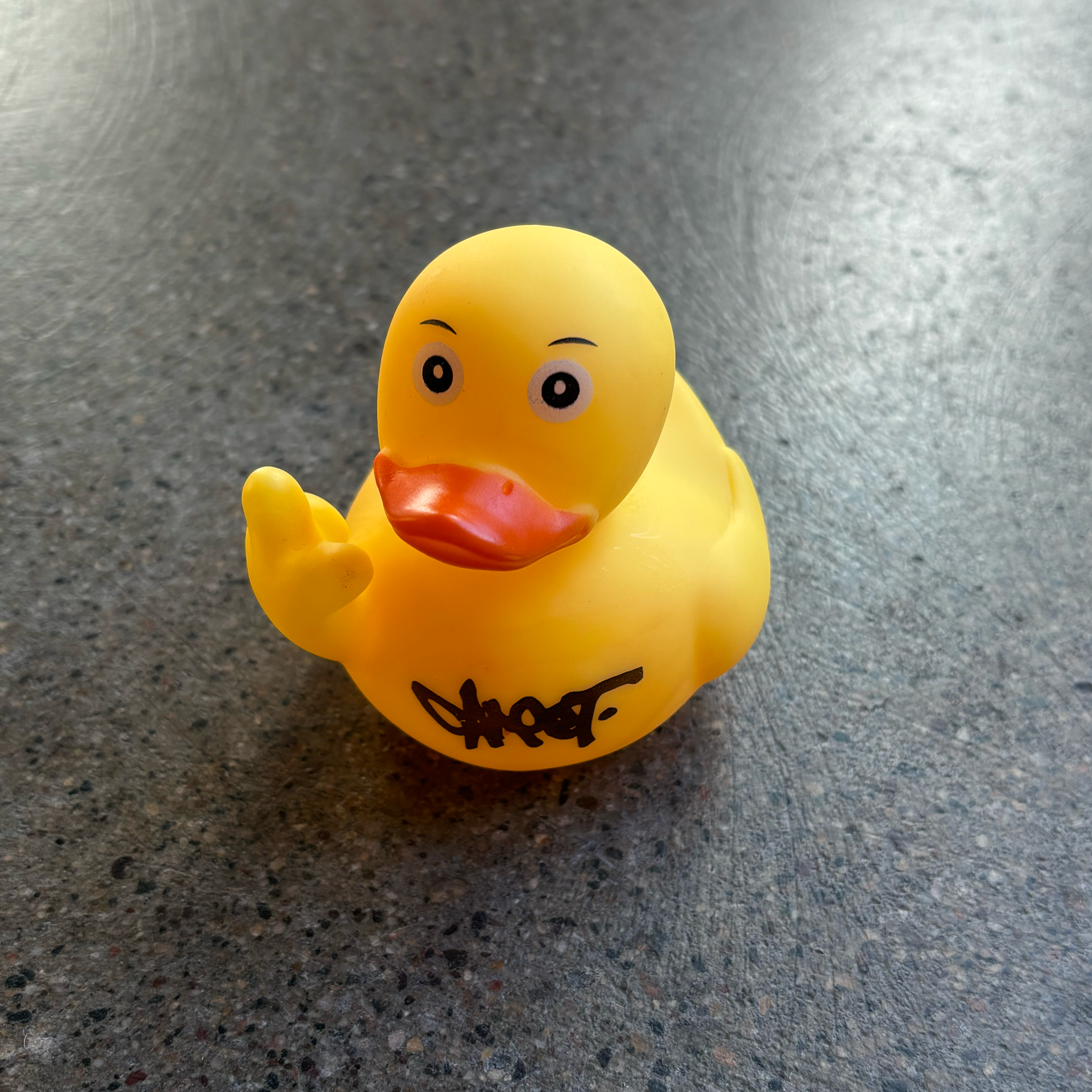 Full image of carpet logo printed rubber duck. Middle feather molded hand in air.