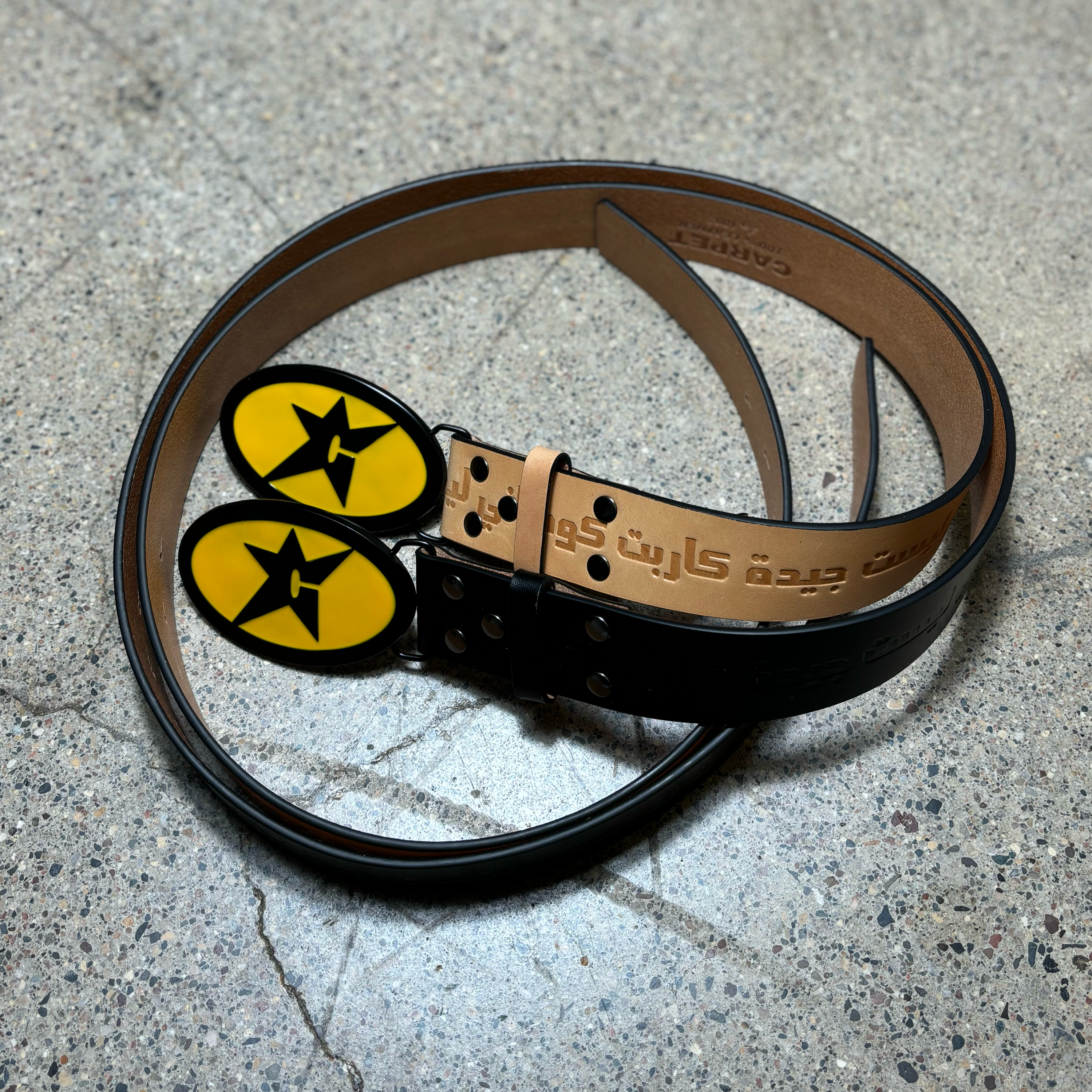 CARPET SEASON 18 GENUINE LEATHER BELTS WITH CUSTOM C-STAR BLACK/YELLOW BUCKLE.