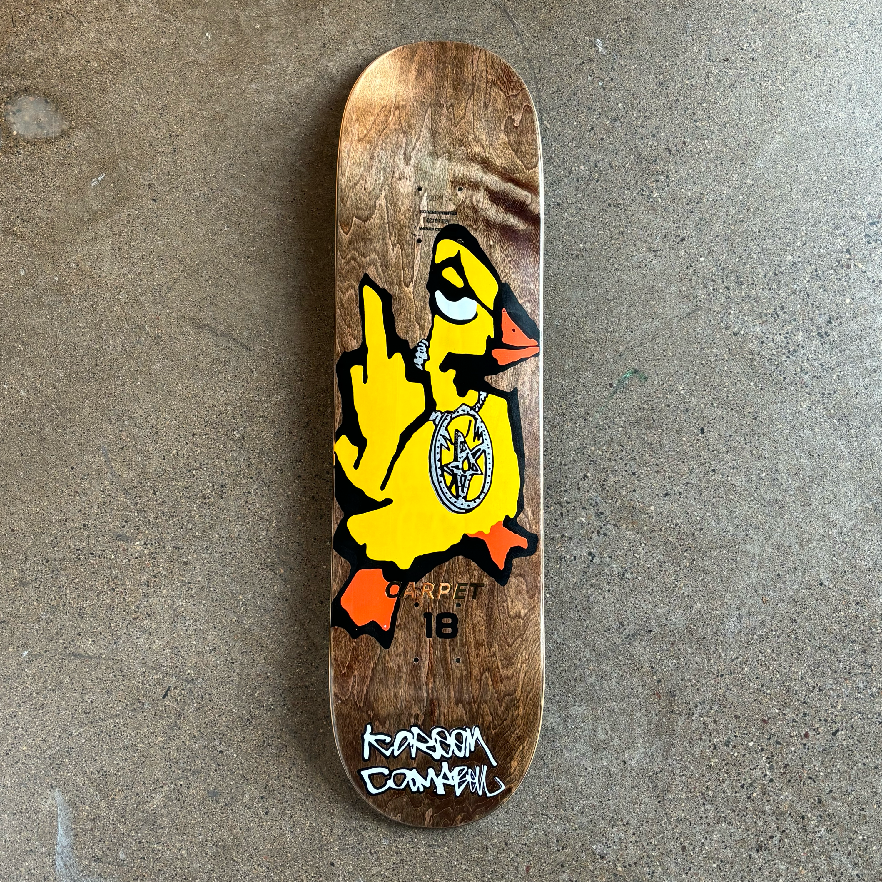 Full image of deck.
Duck giving middle finger art with Kareem Campbell font printed on tail