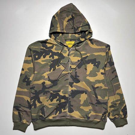Front image of camo thermal hoodie with zipper and embroidered art on chest.