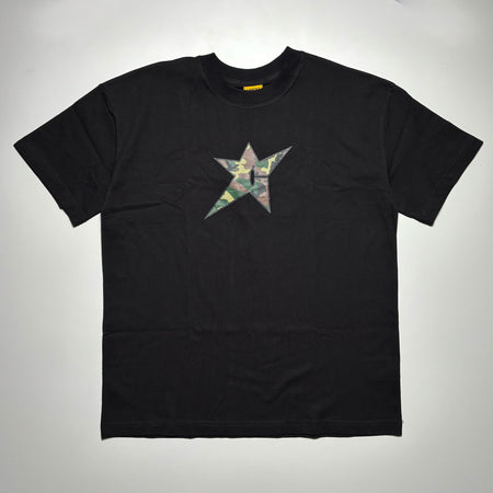 Front image of black tee with camo printed star on chest