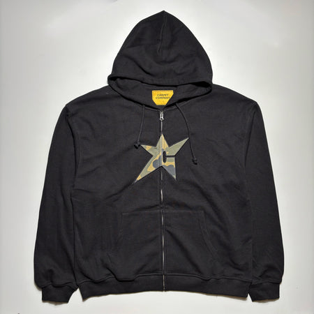 Front image of black thermal hoodie with zipper and embroidered camo star on chest.