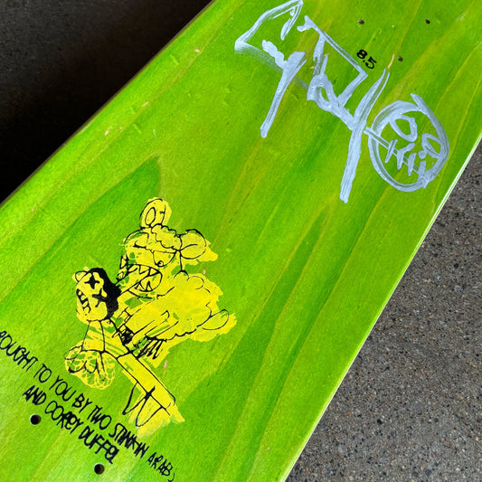 Close detail of top veneer. Corey Duffel signature in grey marker.