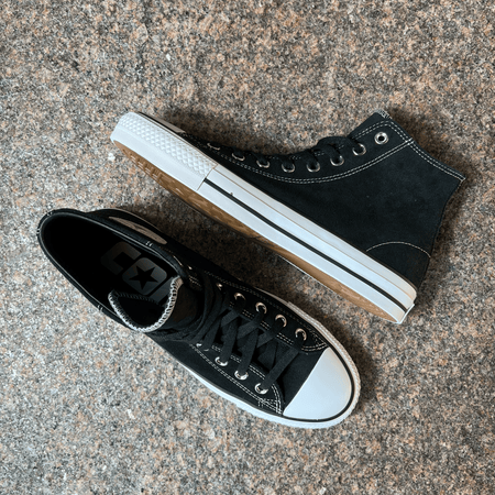 CONVERSE CONS CTAS PRO SHOES IN BLACK SUEDE AND WHITE SOLE DISPLAYED ON GRANITE