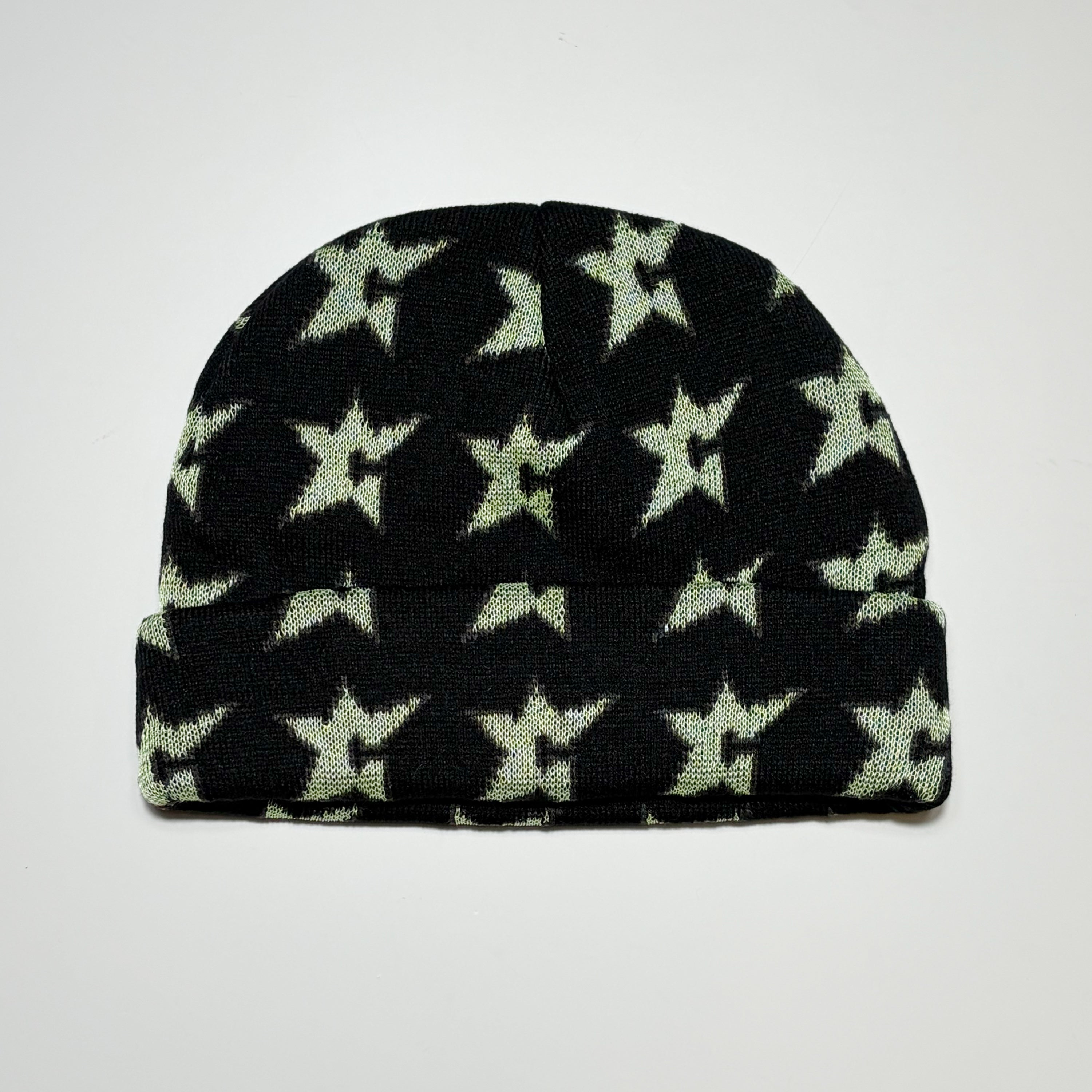 Full image of Carpet Company Season 22. Black beanie with glow in the dark C-Star logos all over.