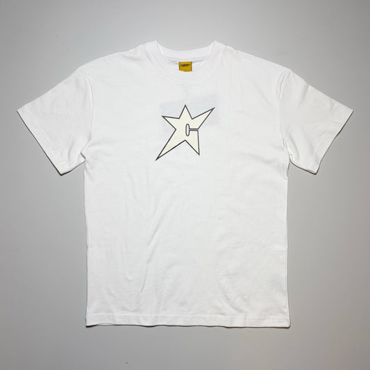 Front image of white tee with glow-in the dark c-star printed on chest. Carpet Company Season 22