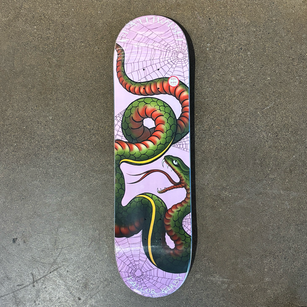 Full image of deck. Color snake illustration with spider webs on nose and tail.