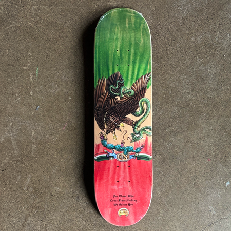 Full image deck.
Dyed veneer green to red with eagle and snake artwork from the Mexico flag.