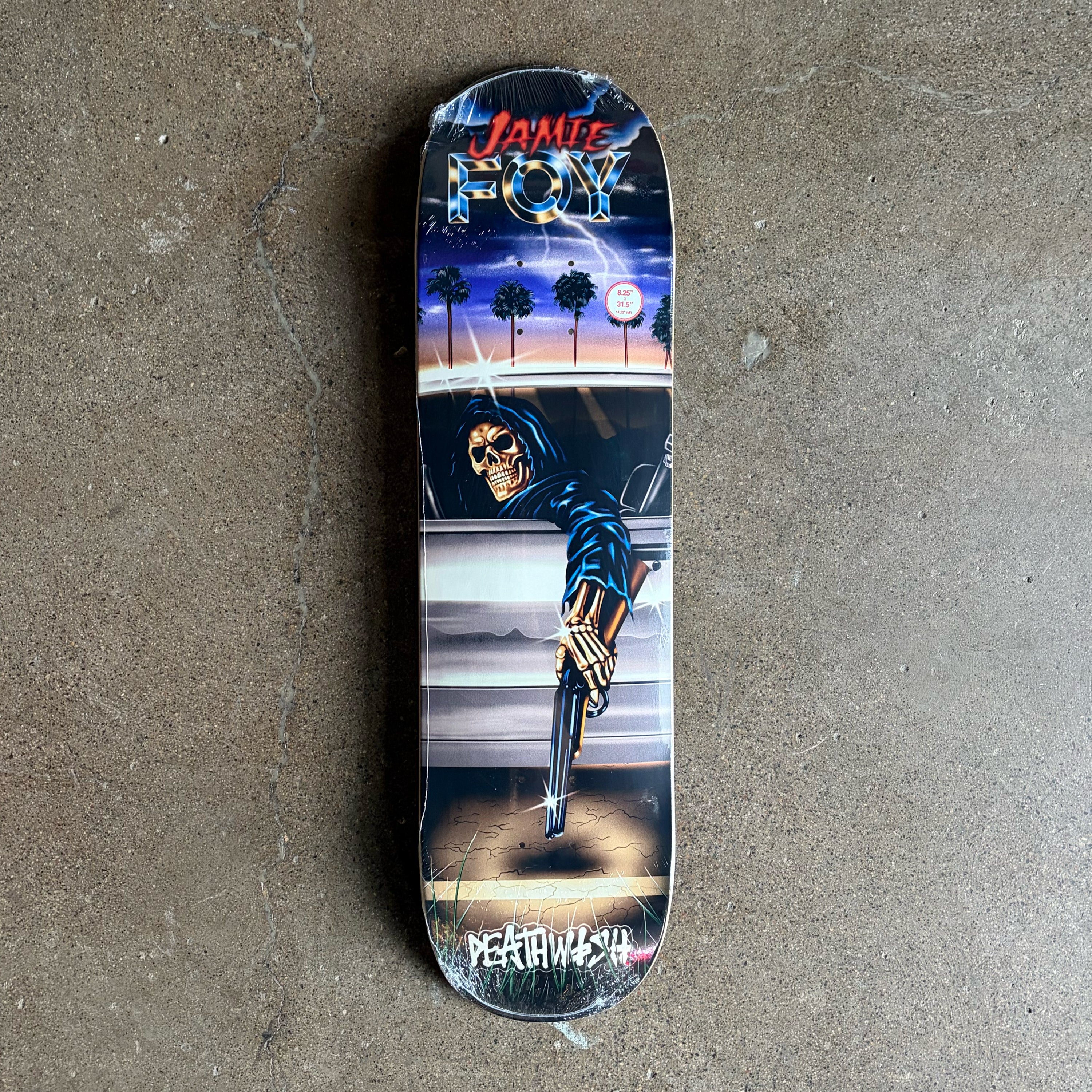 Full image of skateboard deck, Jamie Foy grim reaper mural inspired artwork by Samborghini
