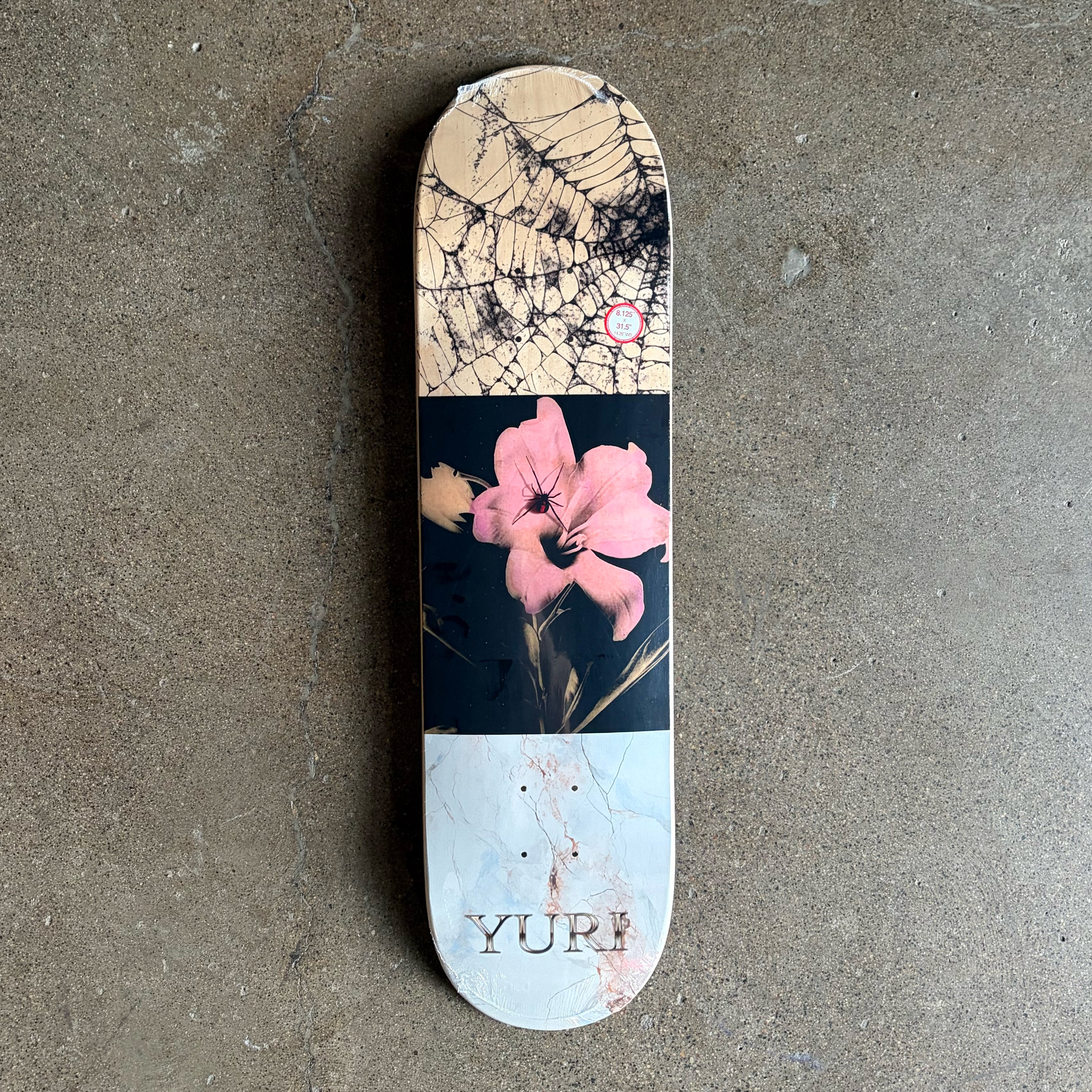 Full image of skateboard deck, 3 paneled artwork. Including a flower, spiderweb and white marble with text. 