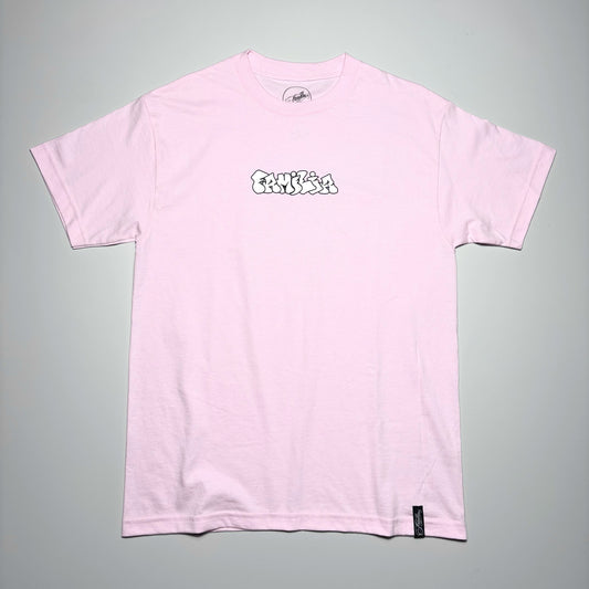 Front image of pink tee with art printed on chest.