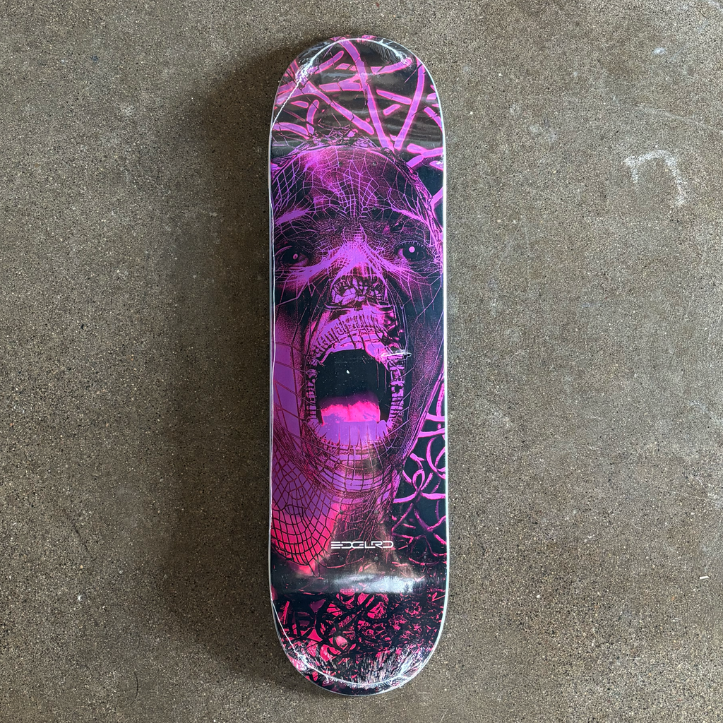 Full image of deck. Rendered face artwork in purple. 