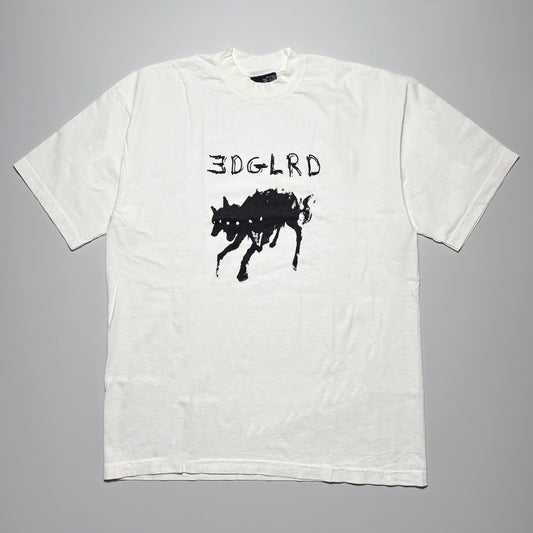 Full image of off-white tee with black printed hell dog on front.