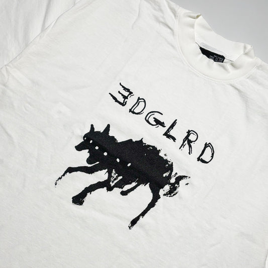 Close detail of black printed dog art on chest