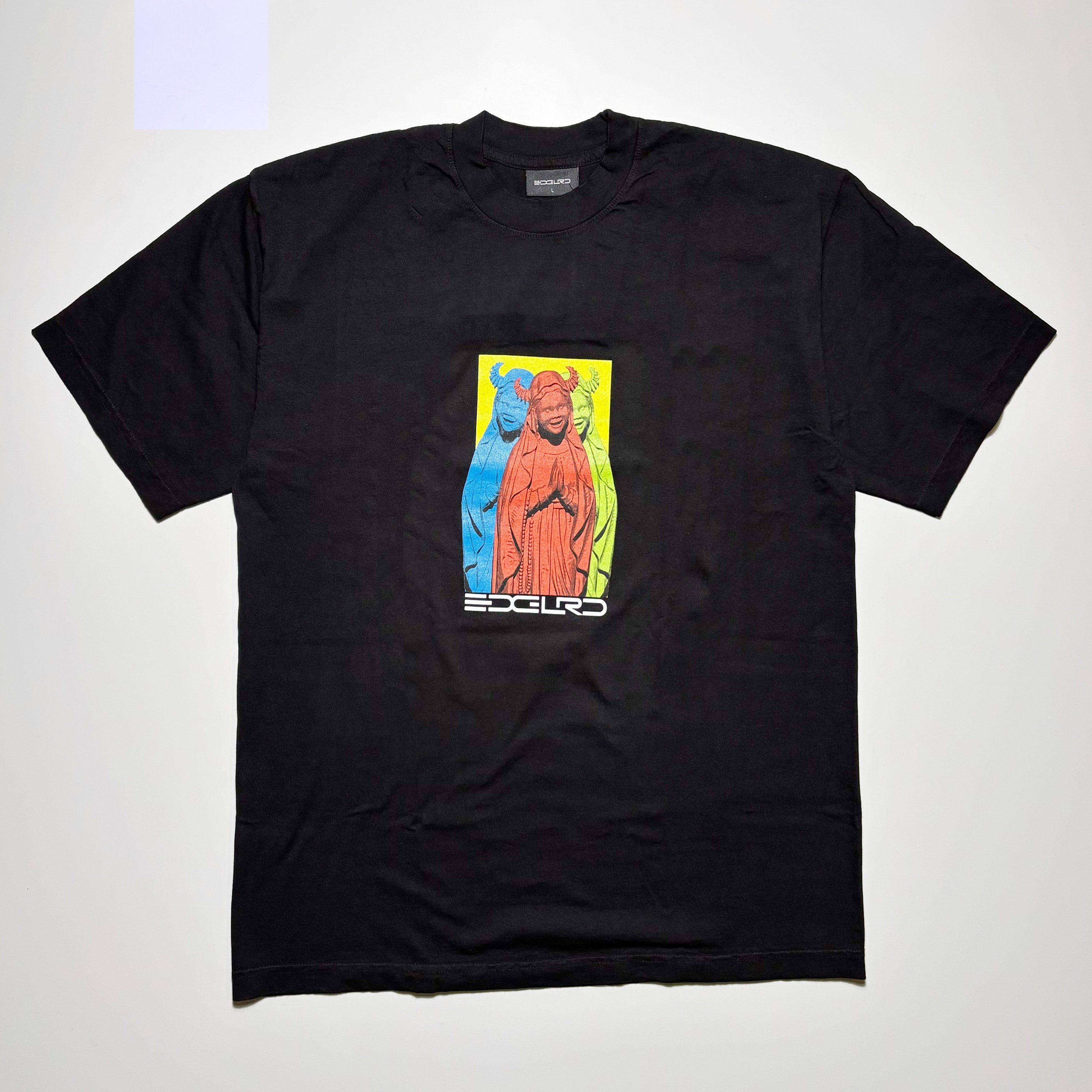 Full image of black tee with multi-color virgin mary printed on front 