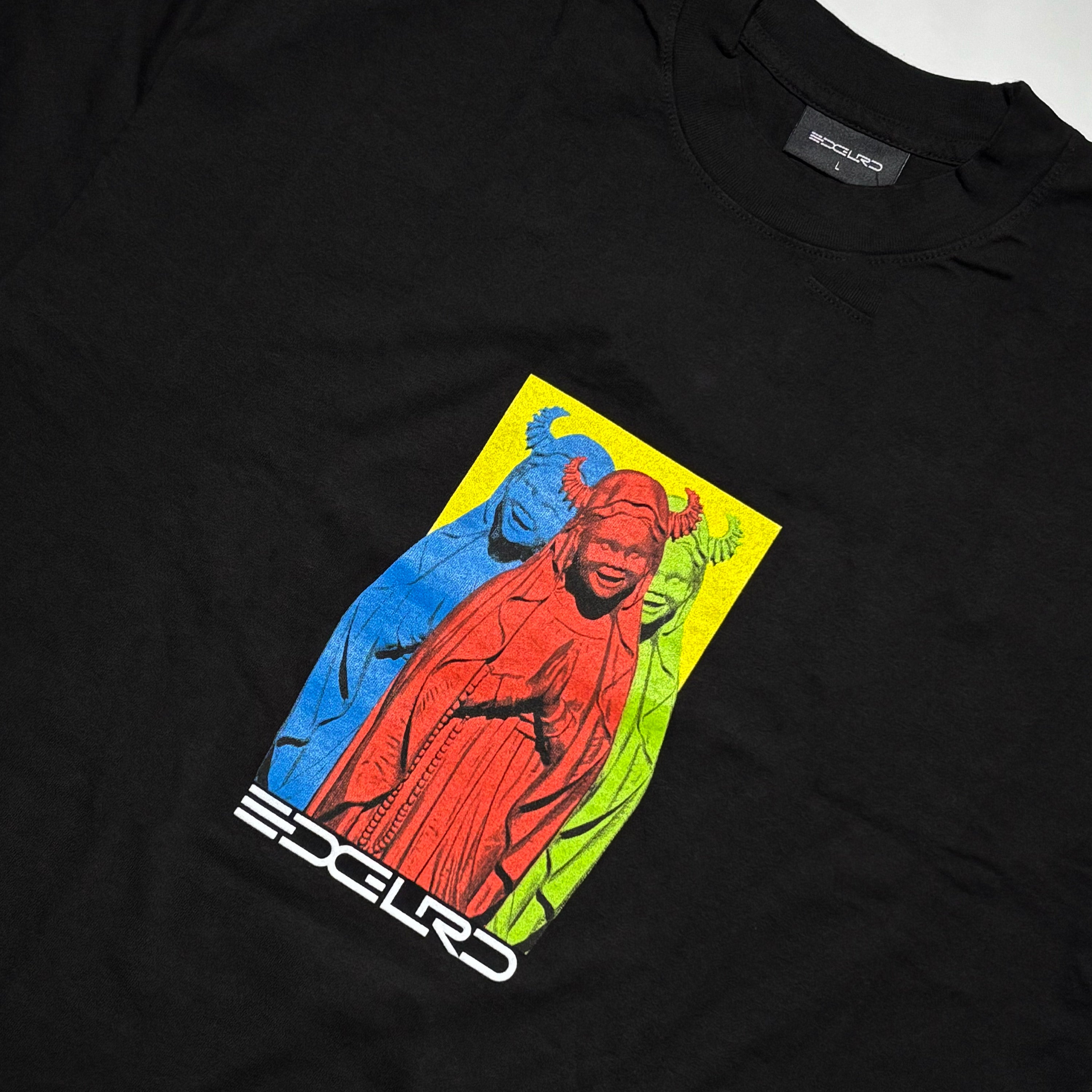 Close detail of mary printed art.