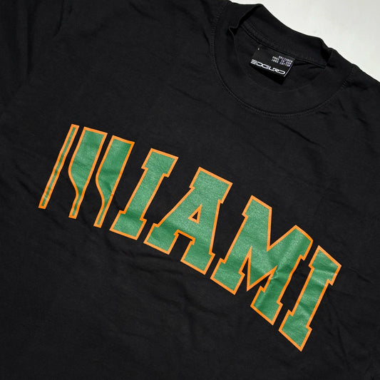 Close detail of miami font printed on chest.