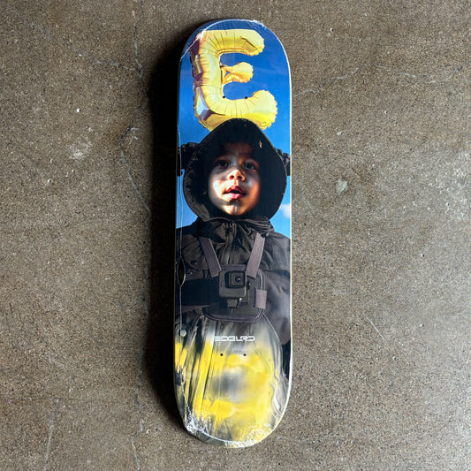 Full image of deck with a printed design of a child wearing a hooded jacket on.