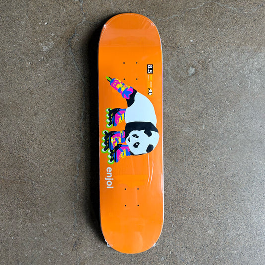 Full image of Enjoi skateboard deck.
Panda with roller blades cartoon art on orange backgroud.