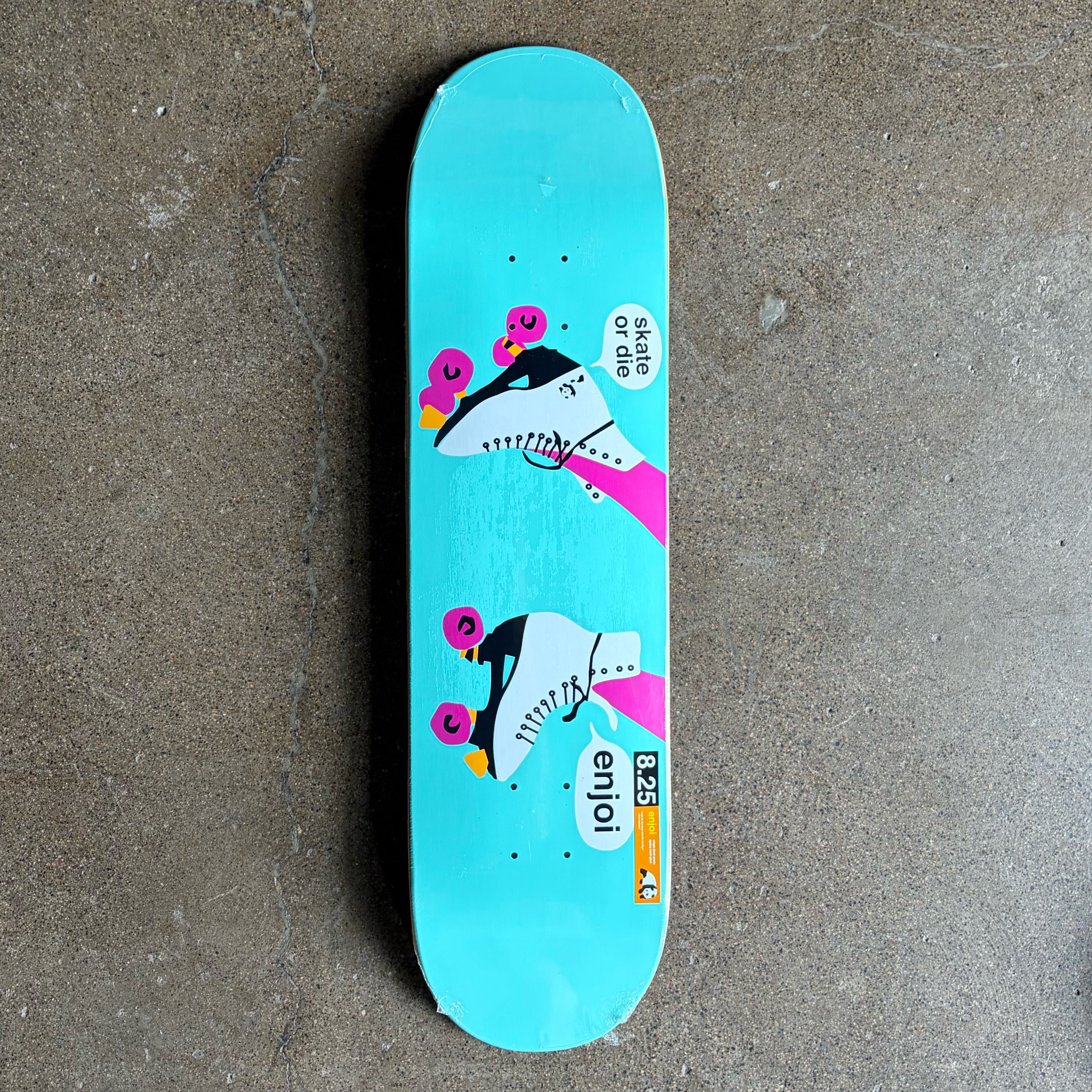Full image of Enjoi Skateboard with roller skates art and "skate or die" text 