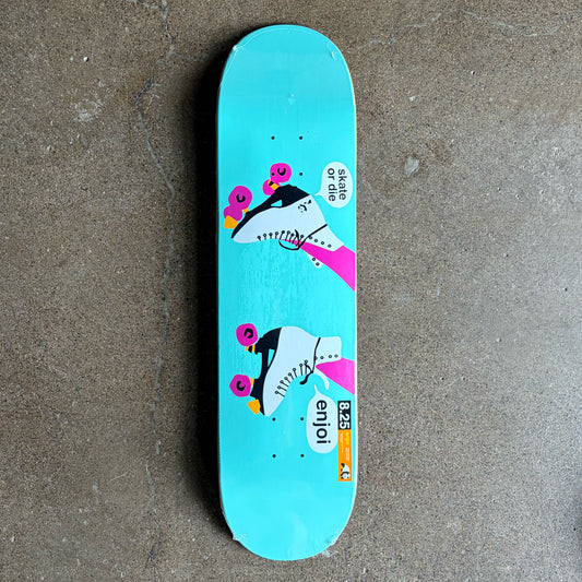 Full image of Enjoi Skateboard with roller skates art and "skate or die" text 